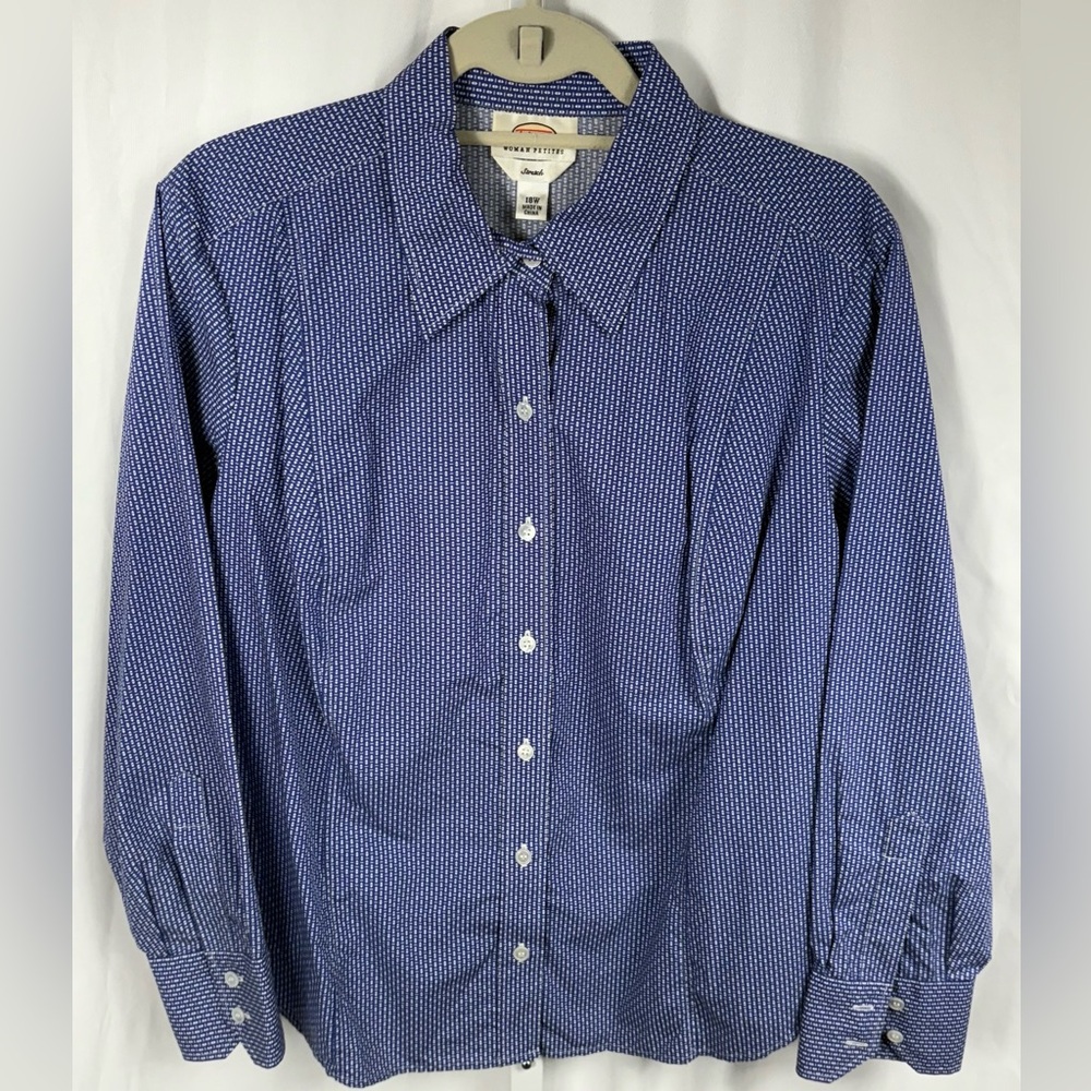 Talbots Blue &.White Long Sleeves Patterned Blouse Shirt Top, 18W Petites